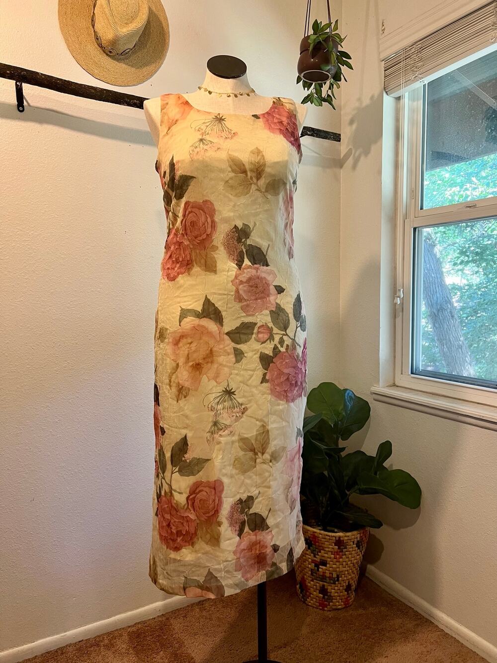 Vintage 90s Pale Yellow Botanical Floral Print Sleeveless Midi Dress Size 12